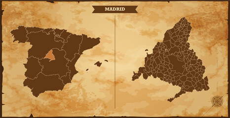Madrid state map, Spain map with federal states in A vintage map based background, Political Spain Map