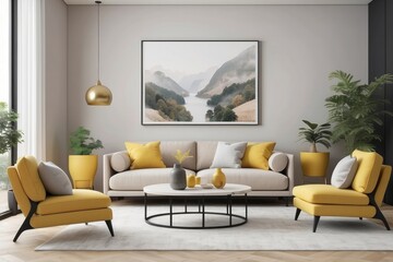Living Room Design WIth Beige Sofa And Yellow Accent Chairs