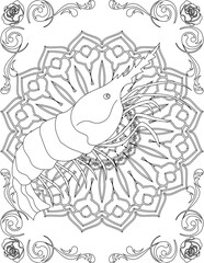 Shrimp on Mandala Coloring Page. Printable Coloring Worksheet for Adults and Kids. Educational Resources for School and Preschool. Mandala Coloring for Adults