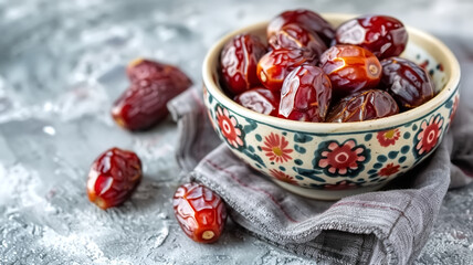 Delicious Medjool dates in an elegant bowl on a marble table, Traditional Arabic healthy food for breaking the Ramadan fast, with an Islamic art background.