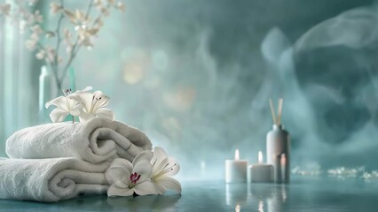 luxurious spa video background with candles, rolled towels, and flowers, serene atmosphere for relaxation and wellness, concept for spa retreats, beauty salons, wellness centers.