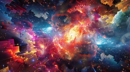 Obraz premium Cosmic Kaleidoscope: Vibrant Geometric Patterns Exploding in a Celestial Spectacle