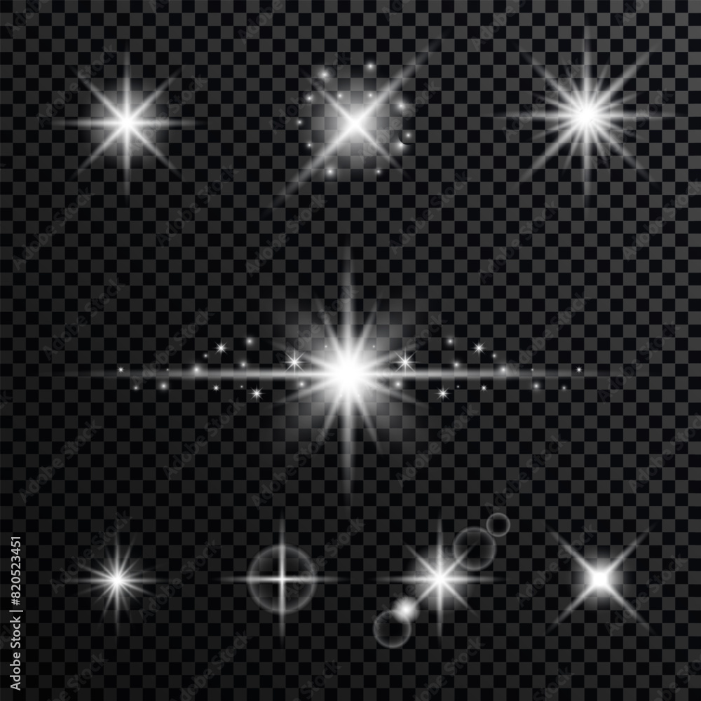 Poster effect sparkling stars light burst explosion, flickering and flashing lights. collection of differen