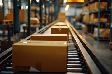 A box ordered by the customer is in the manufacturing process and moving in the middle of the sliding rail of the factory.