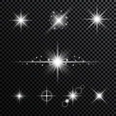 Effect sparkling stars light burst explosion, flickering and flashing lights. collection of different light effects on black background. transparent lens flares and lighting effects. vector design.