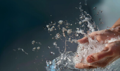 Fototapeta premium Fashion commercial advertisement. Pair of hands scoop soak in soapsuds soap foam water splashing with bubbles droplet dark background. shampoo facial skincare ad. copy text space 