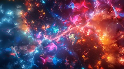 Obraz premium Illuminated Geometric Symbols: Cosmic Color Explosion in Night Sky