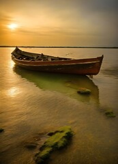 a boat is sitting on the shore of a lake