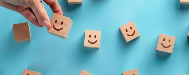 Hand placing wooden cubes with smiling faces on a blue background, symbolizing customer experience - Powered by Adobe