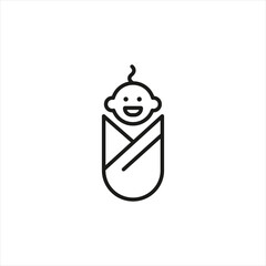 Newborn baby icon. A joyful depiction of a smiling infant snugly wrapped in a swaddle blanket, representing comfort, warmth, and the beginning of life. Vector illustration