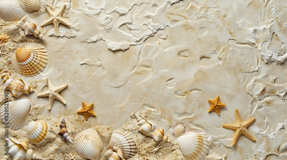 Poster Top view of a sandy beach texture with imprints of exotic seashells and starfish as natural textured background : Generative AI