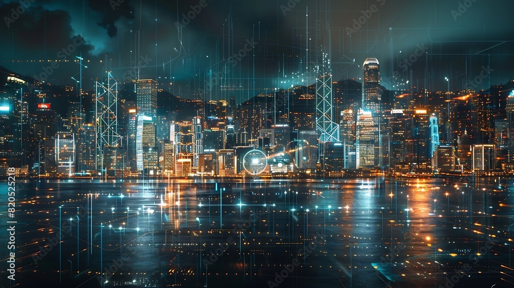 Poster smart network and connection technology concept hong kong digital city background at night in victor