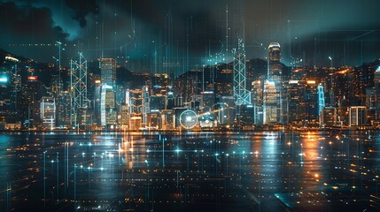 Smart network and Connection technology concept Hong Kong digital city background at night in victoria harbour Cyberpunk color style Panorama view : Generative AI