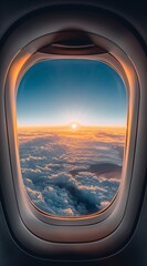 Fototapeta premium Sunrise viewed from airplane window showcasing beautiful cloudscape. Travel and adventure concept. Design for poster, travel blog, and inspirational quote backgrounds.