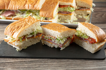 A view of a catering size ciabatta sandwich.