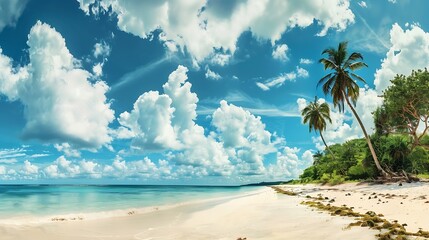 Beautiful beach with white sand turquoise ocean green palm trees and blue sky with clouds on Sunny day Summer tropical landscape panoramic view : Generative AI