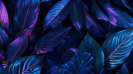 intense blue and violet tropical plant glowing neon exquisite leaves close up abstract nature background dark blue and purple toned Leaf details Future exotic trendy concept daring col : Generative AI