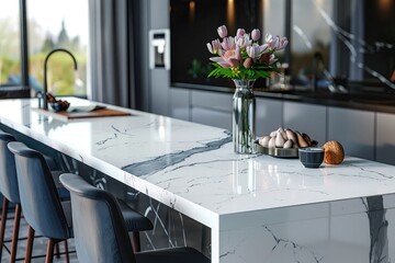 Marble countertop, with a luxurious, high-end look, featuring a glossy finish and intricate veining,