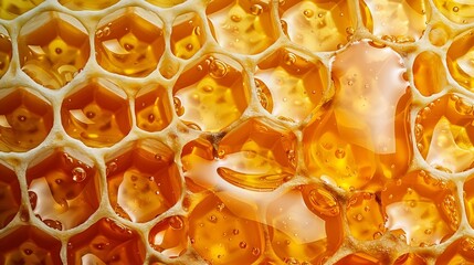 Honeycombs with sweet golden honey on whole background close up Background texture pattern of section of wax honeycomb : Generative AI