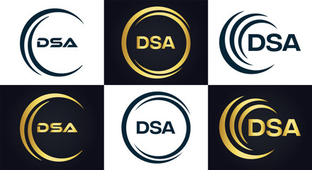 DSA logo. D S A design. White DSA letter. DSA, D S A letter logo design. D S A letter logo design in FIVE, FOUR, THREE, style. letter logo set in one artboard. D S A letter logo vector design.	
