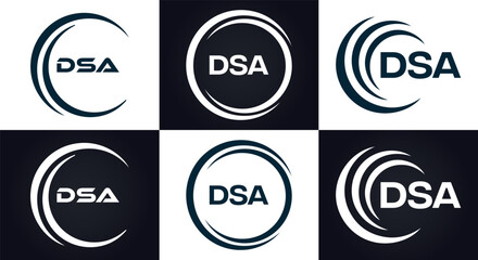 DSA logo. D S A design. White DSA letter. DSA, D S A letter logo design. D S A letter logo design in FIVE, FOUR, THREE, style. letter logo set in one artboard. D S A letter logo vector design.	
