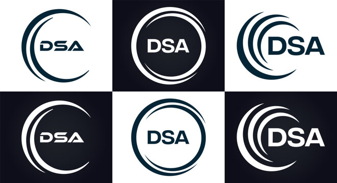 DSA logo. D S A design. White DSA letter. DSA, D S A letter logo design. D S A letter logo design in FIVE, FOUR, THREE, style. letter logo set in one artboard. D S A letter logo vector design.	
