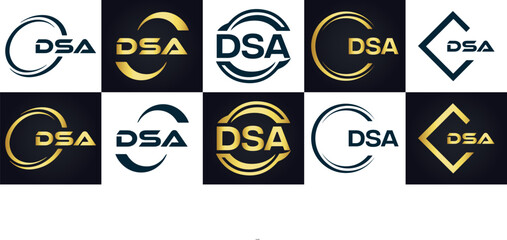 DSA logo. D S A design. White DSA letter. DSA, D S A letter logo design. D S A letter logo design in FIVE, FOUR, THREE, style. letter logo set in one artboard. D S A letter logo vector design.	
