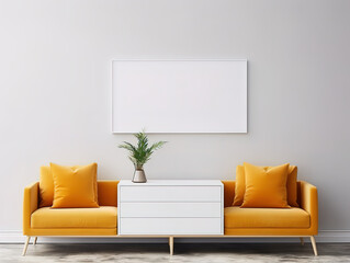 Gorgious Minimalist interior of living room with armchairs and plant on white wall