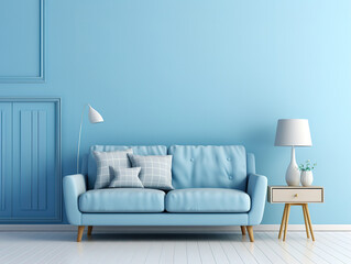 Attractive Interior of the room in plain monochrome pastel blue color with furnitures