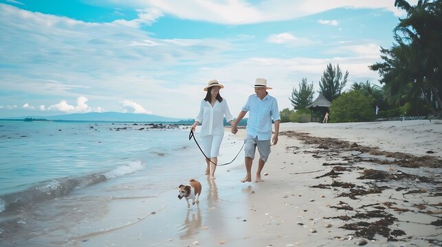 Happy couple holding hands and at the beach with a dog in summer for retirement travel in Indonesia Smile playful and an elderly man and woman on a walk at the sea with a pet for play  : Generative AI