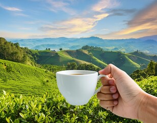 Obraz premium Serenity in a Sip: Coffee Cup Against Stunning Scenery