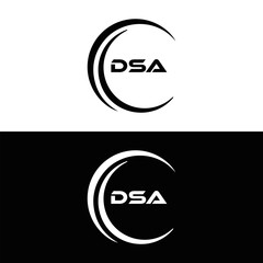 DSA logo. D S A design. White DSA letter. DSA, D S A letter logo design. D S A letter logo design in FIVE, FOUR, THREE, style. letter logo set in one artboard. D S A letter logo vector design.	
