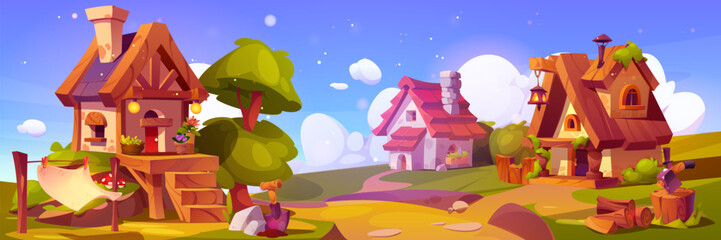 Cute fairytale village with house on road cartoon background. Summer countryside landscape with gnome cottage and hilly pathway drawing. Magic fantasy rural medieval environment scenery vector