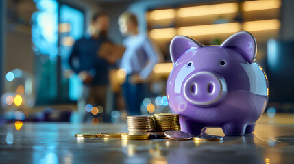 a purple piggy bank with coins, with a family discussing savings plans in the background