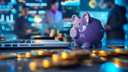 Macro shot of a piggy bank and coins, with individuals analyzing market trends on laptops in the background
