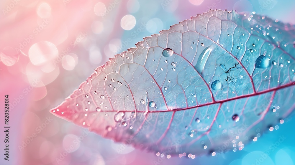 Leinwandbilder transparent skeleton leaf with beautiful texture on a blue and pink background glass with shiny wate