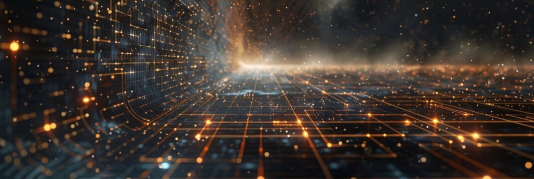 An advanced digital landscape featuring a neural network grid and AI icons on the left, with plenty of blank space on the right for customizable content