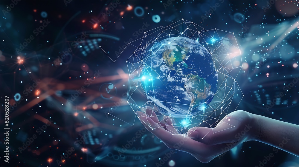 Aufkleber Metaverse TechnologyNext generation technologyGlobal networking connectionscience innovation and communication technologyHand holding earth globe with data exchanges on connection tech : Generative AI