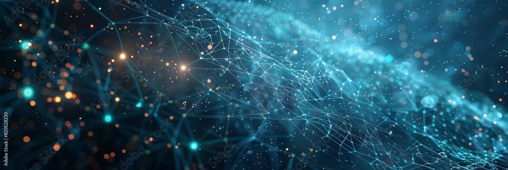 Poster an advanced digital landscape featuring a neural network grid and ai icons on the left, with plenty 