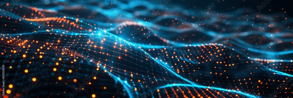 Poster a futuristic digital landscape with glowing blockchain nodes interconnected by intricate lines, leav