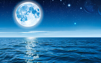Naklejka na ściany i meble Blue moon over the sea with starts High detailed and Serene Blue Moon Over the Ocean