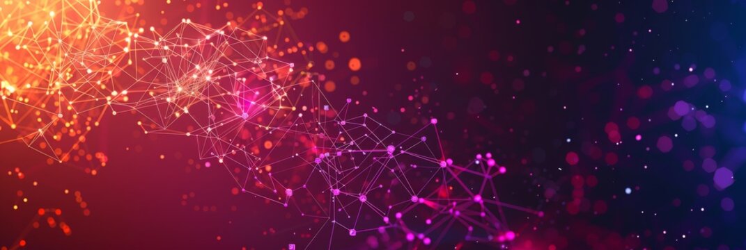 A vibrant illustration of interconnected AI data points and nodes on the left side, providing a clean, empty space on the right for text or graphics