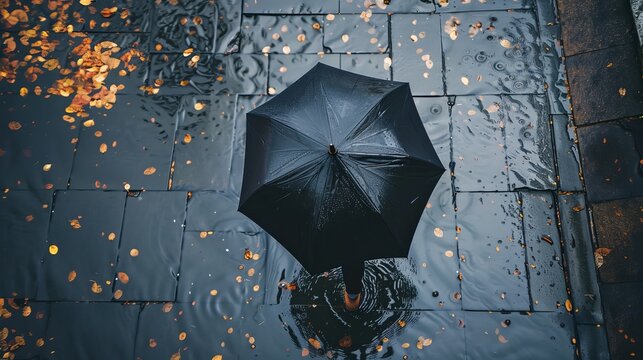 Top-down perspective of a person holding a black umbrella, walking on a wet, rain-soaked pathway, with puddles reflecting the gloomy sky. - Powered by Adobe