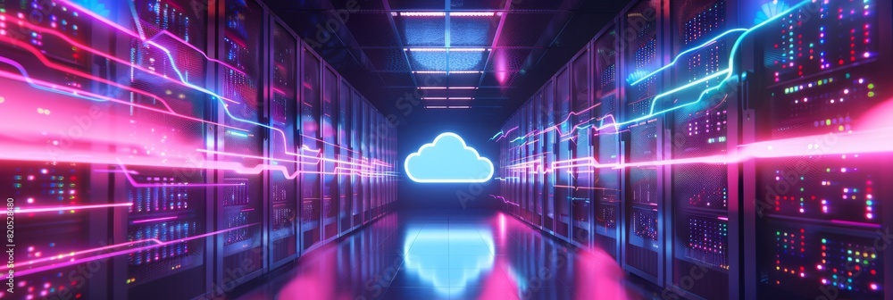 Poster a futuristic server room with glowing data streams connecting to a central cloud icon, with a clear,
