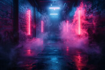 A dark, smokey tunnel with neon lights and a red and blue haze