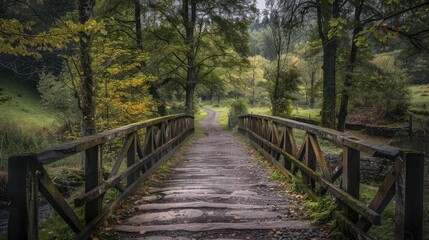 Old abandoned bridge in the middle of the forest. Generative AI