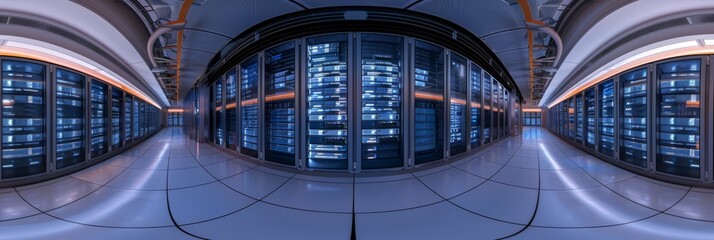 A panoramic view of servers and digital interfaces representing cloud data management, with ample blank space on the lower third for additional content
