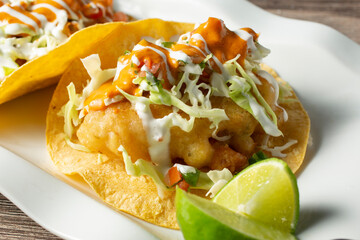 A closeup view of a fish taco.