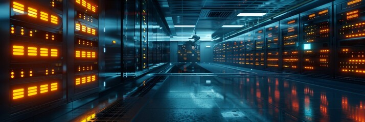 A high-tech data center featuring glowing LED indicators on server racks and a robotic system in the background, with an empty area on the left side for additional content