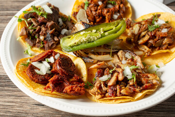A view of a plate of assorted street tacos.